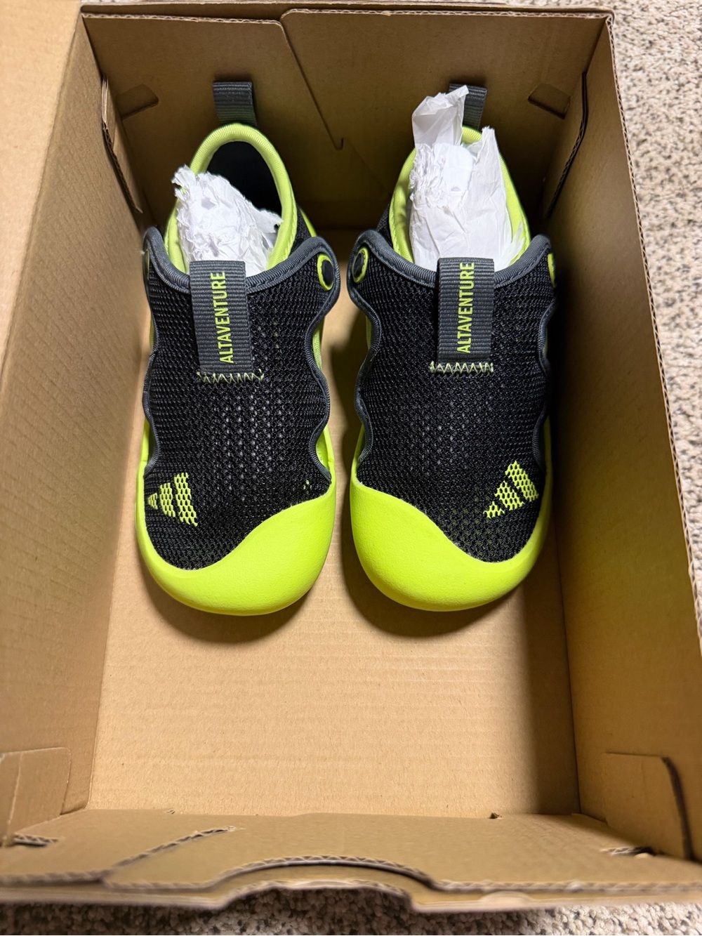 Kids Black & Neon Green Adidas Athletic Sandals